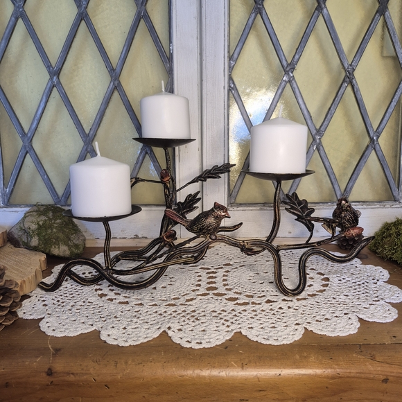 Iron 3 Pillar Candle Holder - Tree Branch Birds Oak Leaves Acorn - Picture 4 of 12